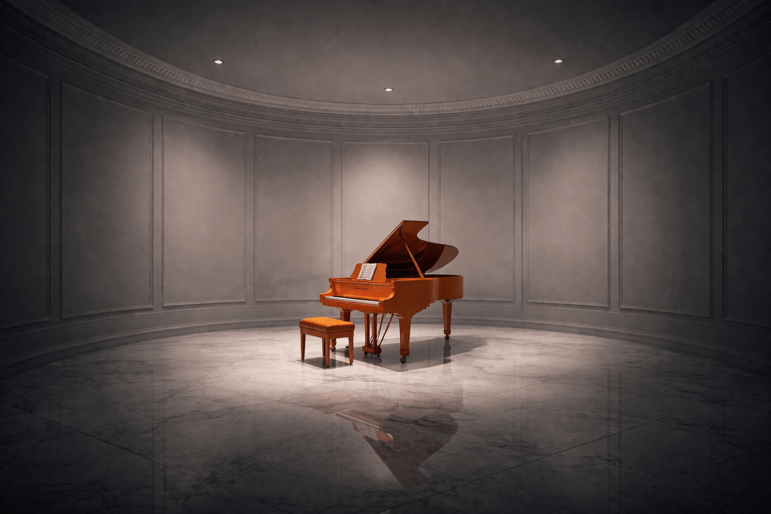 A grand piano lit by a single overhead light in an elegant, curved marble room